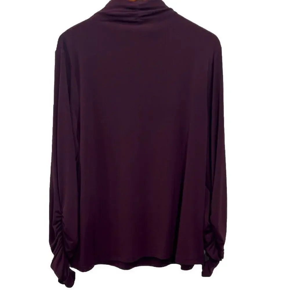 Susan Graver 1X Plum Purple Ruched Turtleneck Stretch Long Sleeve Liquid Knit - Picture 2 of 8